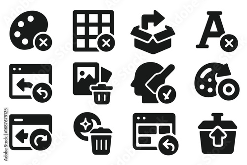 Uninstall UI Elements Icons. Solid style icons of theme and UI uninstall: theme with X icon, layout remove symbol, uninstall
