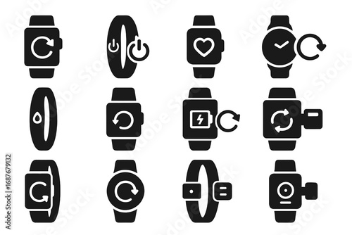 Wearable Tech Icons. Solid style icons of wearable tech restart: smartwatch reboot icon, fitness band power symbol, restart health
