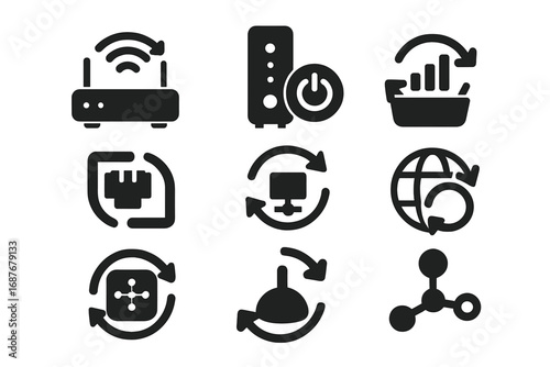 Network Restart Icons. Solid style icons of network and router restart: Wi-Fi router reboot, modem power cycle icon, signal reset
