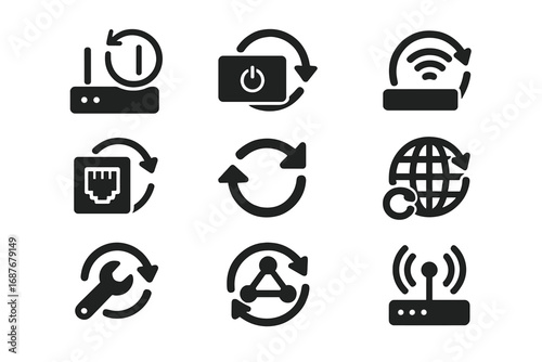 Network Restart Icons. Solid style icons of network and router restart: Wi-Fi router reboot, modem power cycle icon, signal reset