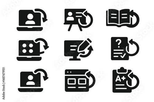 E-Learning Icons. Solid style icons of classroom and education platform restart: e-learning app reboot, virtual classroom refresh
