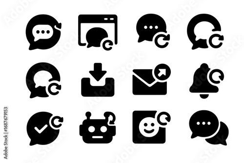 Chat Icons. Solid style icons of chat and messaging restart: messaging app reboot, chat window reload icon, restart conversation