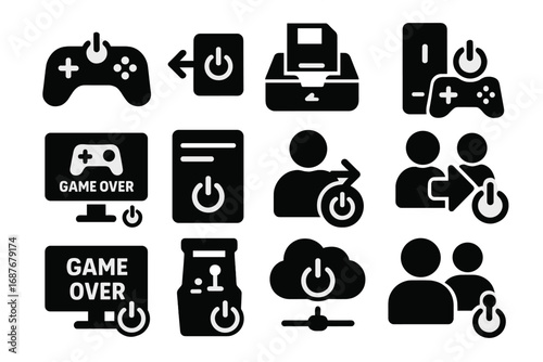 Game Shutdown Icons. Solid style icons of game shutdown: controller with power icon, quit game symbol, save and exit tray,