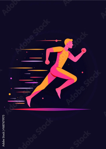 Dynamic sprint in motion: An artistic depiction of a runner in full stride, their form a study in athleticism and speed, with vibrant streaks suggesting a trail of motion and energy.