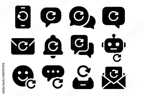 Chat Icons. Solid style icons of chat and messaging restart: messaging app reboot, chat window reload icon, restart conversation