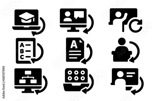 E-Learning Icons. Solid style icons of classroom and education platform restart: e-learning app reboot, virtual classroom refresh