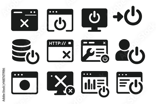 Web Shutdown Icons. Solid style icons of browser and web shutdown: browser tab close icon, browser power off, shutdown web session