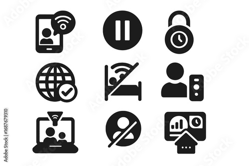 Wi-Fi Parental Controls Icons. Solid style icons of Wi-Fi parental controls: child device with Wi-Fi limit, pause internet icon,