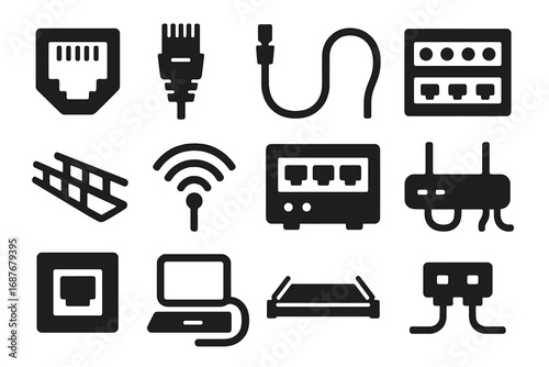 Wired Network Icons. Solid style icons of wired network: Ethernet jack icon, RJ45 connector, network cable symbol, patch panel