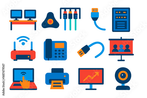 Modern Office Essentials. Flat vector icons of Office Network Setup: workstations, conference phone, cable management, switch