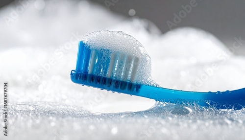 A blue toothbrush with white bristles and foamy toothpaste, set against a clean, white background—evoking freshness, hygiene, and daily care.