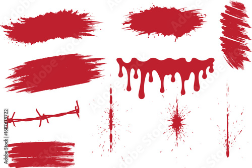 Realistic Halloween blood isolated for Crime and Horror Design Elements. Dirty collection of paint splatter imitating blood, cut marks, splashes, drops, blots, spray. Isolated on a white backgroud.
