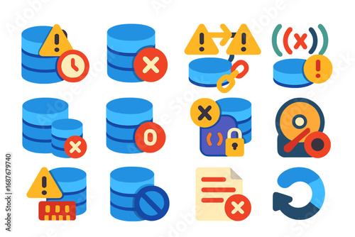 Database Error Icons. Flat vector icons of Database Errors: timeout warning, connection failed, deadlock alert, syntax error,