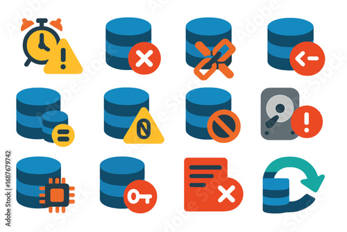 Database Error Icons. Flat vector icons of Database Errors: timeout warning, connection failed, deadlock alert, syntax error,