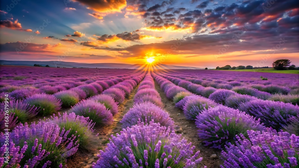 Obraz premium Lavender field at sunset with a beautiful sky
