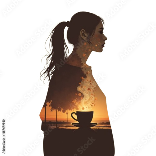 Silhouette of a woman, calm mood, enjoying coffee with sunset background, copy space