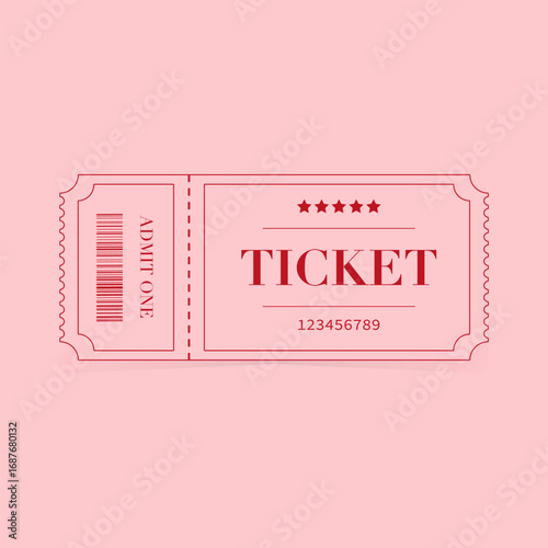Vintage pink ticket with barcode and admit one text. Retro style admission coupon design, isolated on pastel background.