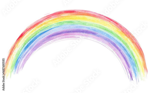 A vibrant, handdrawn watercolor rainbow arc with distinct bands of red, orange, yellow, green, blue, indigo, and violet, isolated on a clean transparent background, evoking feelings of hope and joy