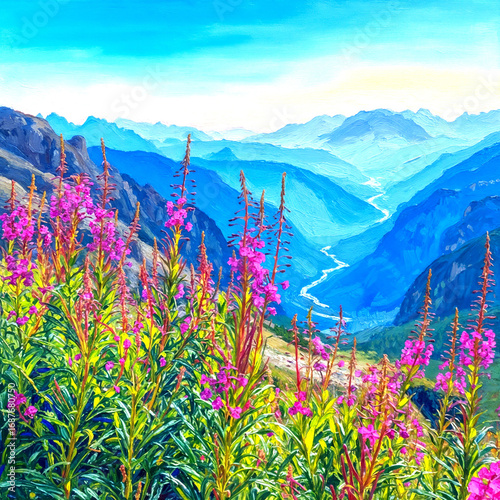 Vibrant wildflowers blooming in stunning mountain landscape  