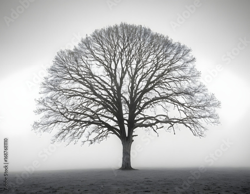 Black and White Solitary Tree in a Foggy Field - Minimalist Nature Art