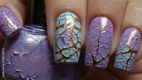 Hand with Cracked Nail Art in Orchid, Periwinkle, Lavender, and Purple Holding Blank Polish Bottle