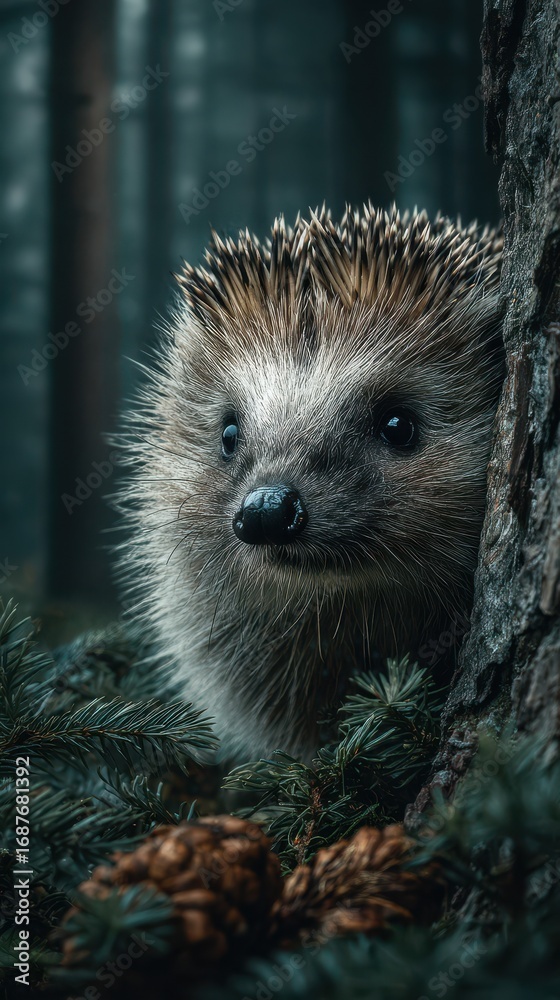 Fototapeta premium Hedgehog peeking from behind a tree in a dense forest during twilight hours