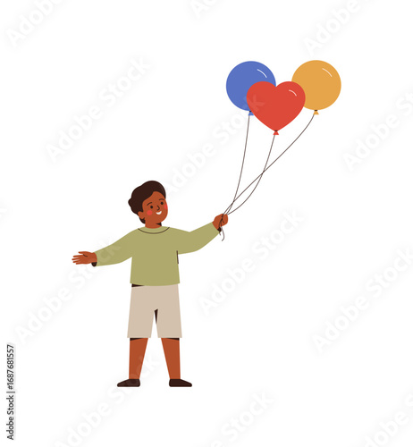 Smiling preschool african american boy holds colorful air balloons. Happy child playing or celebrating something. Vector illustration