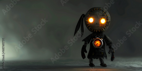 Eerie burlap doll with glowing eyes and clockwork heart