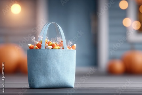 Blue bag filled with colorful candies on porch, warm autumn ambi