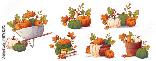 Vector set of autumn compositions with pumpkins, baskets, cart and fall leaves. Cozy harvest illustrations for Thanksgiving, seasonal design, decoration, posters and cards.