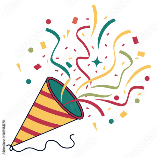 colorful, vibrant, party popper, confetti, streamers, whimsical, celebratory, festive, dynamic, explosion of color
