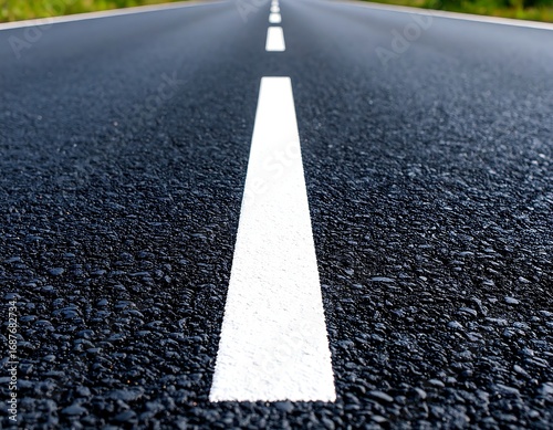 A close-up view of a newly paved road, the white line sharply defined against the dark asphalt