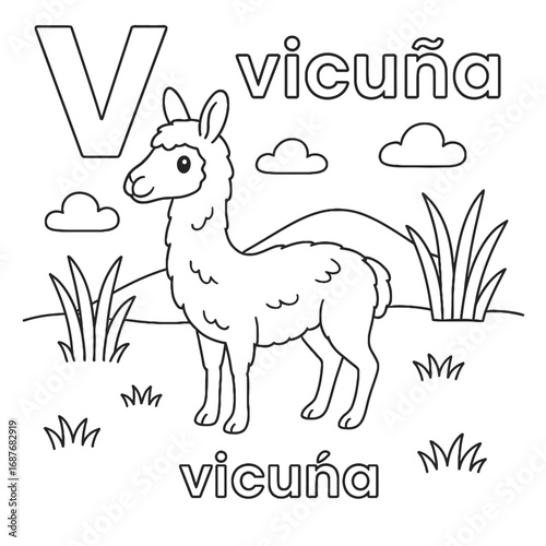 Coloring page with a vicuña, the letter v, clouds, grass, and a hill, perfect for educational activities