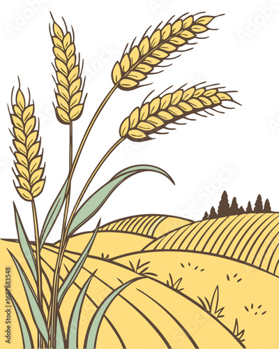 detailed illustration, wheat field, rolling hills, wheat stalks, lush green grass, vibrant colors, intricate details, digital art, highly detailed, dramatic lighting, beautiful landscape, pastoral sce