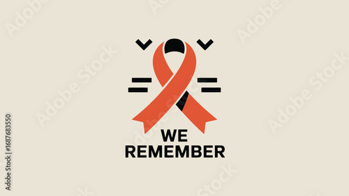 Orange ribbon with we remember text and check mark like symbols on a light background graphic art