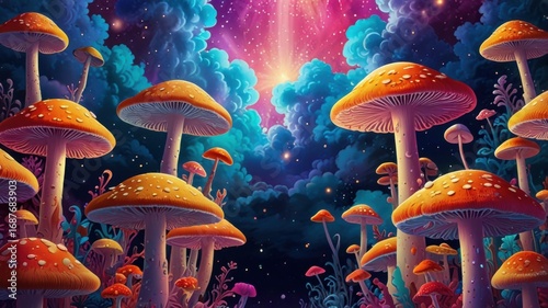 Groovy Hippie Era Poster of Magical Rainbow Mushrooms in Psychedelic Color Explosion