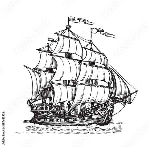 Vintage Sailing Ship on Waves – Hand Drawn Nautical Engraving Vector Illustration
