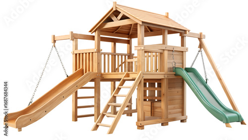 A wooden playset with two slides and a climbing structure isolated on transparent background, perfect for outdoor fun and active play for children