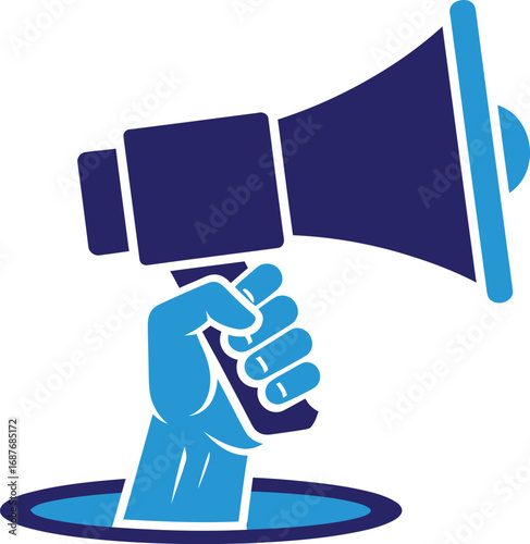 A hand emerging from a hole, holding a megaphone, symbolizing announcement and communication.