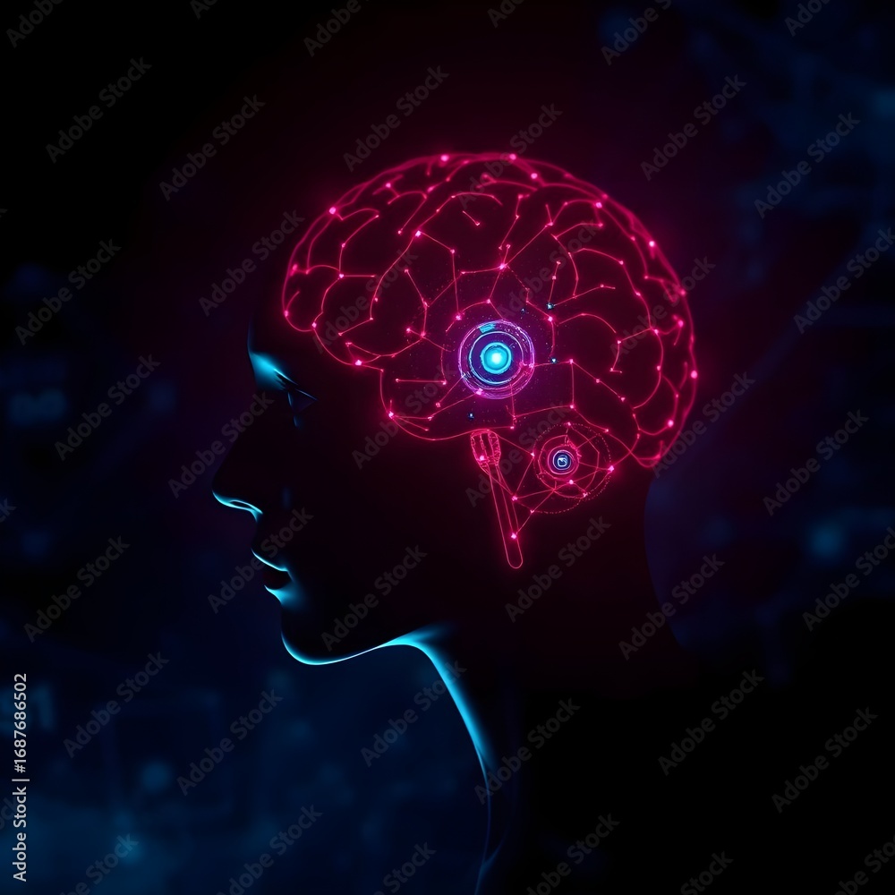 Obraz premium Conceptual design of the human head with a glowing brain, blending science, art, and technology