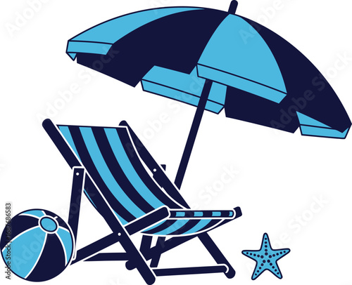 Beach chair and umbrella with beach ball and starfish.