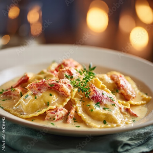 Ravioli filled with lobster meat, served in a creamy sauce made with Parmesan cheese and cream