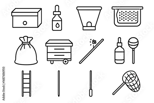 Swarm Control Equipment Icons. Line style icons of swarm control equipment: bait box, swarm lure, swarm trap, hive bait comb, trap