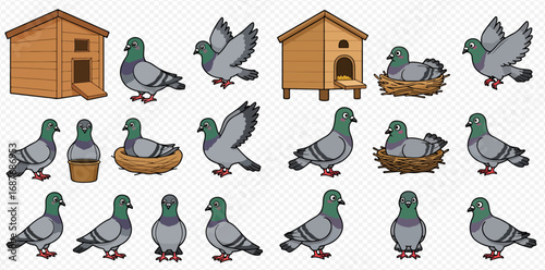 A collection of cartoon pigeons in various poses, including flying, standing, and nesting, alongside wooden dovecotes and nests.