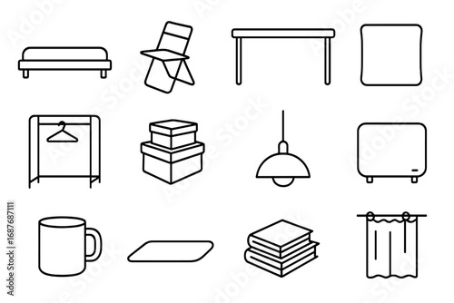 Minimalist Home Essentials Icons. Line style icons of minimalist home essentials: low-profile bed, folding chair, sleek table,