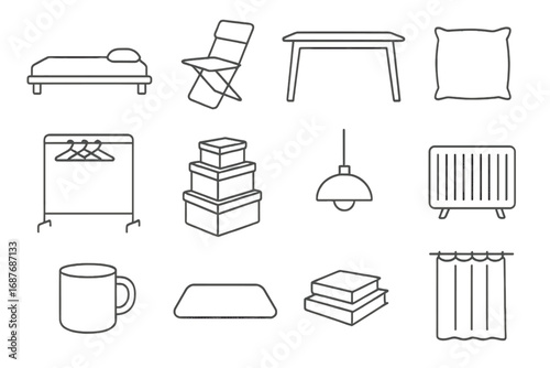 Minimalist Home Essentials Icons. Line style icons of minimalist home essentials: low-profile bed, folding chair, sleek table,