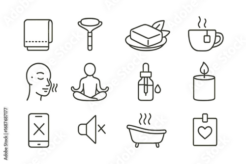 Minimalist Self-Care Icons. Line style icons of minimalist self-care: face cloth, facial roller, natural soap, calm tea, deep