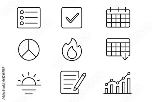 Minimalist Habit Icons. Line style icons of minimalist habits tracker: habit list, checked box, week grid, circle habit chart,