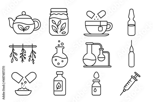 Medicinal Preparation Icons. Line style icons of medicinal preparations: herbal decoction pot, fermentation jar, infusion cup,