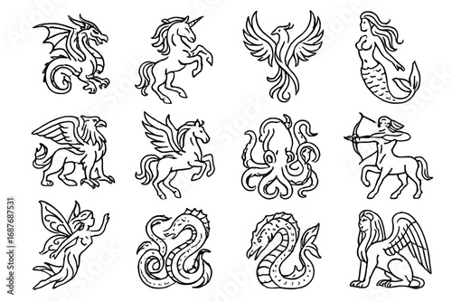 Mythical Creature Icons. Line style icons of mythical creatures as tattoos: dragon, unicorn, phoenix, griffin, pegasus, mermaid,